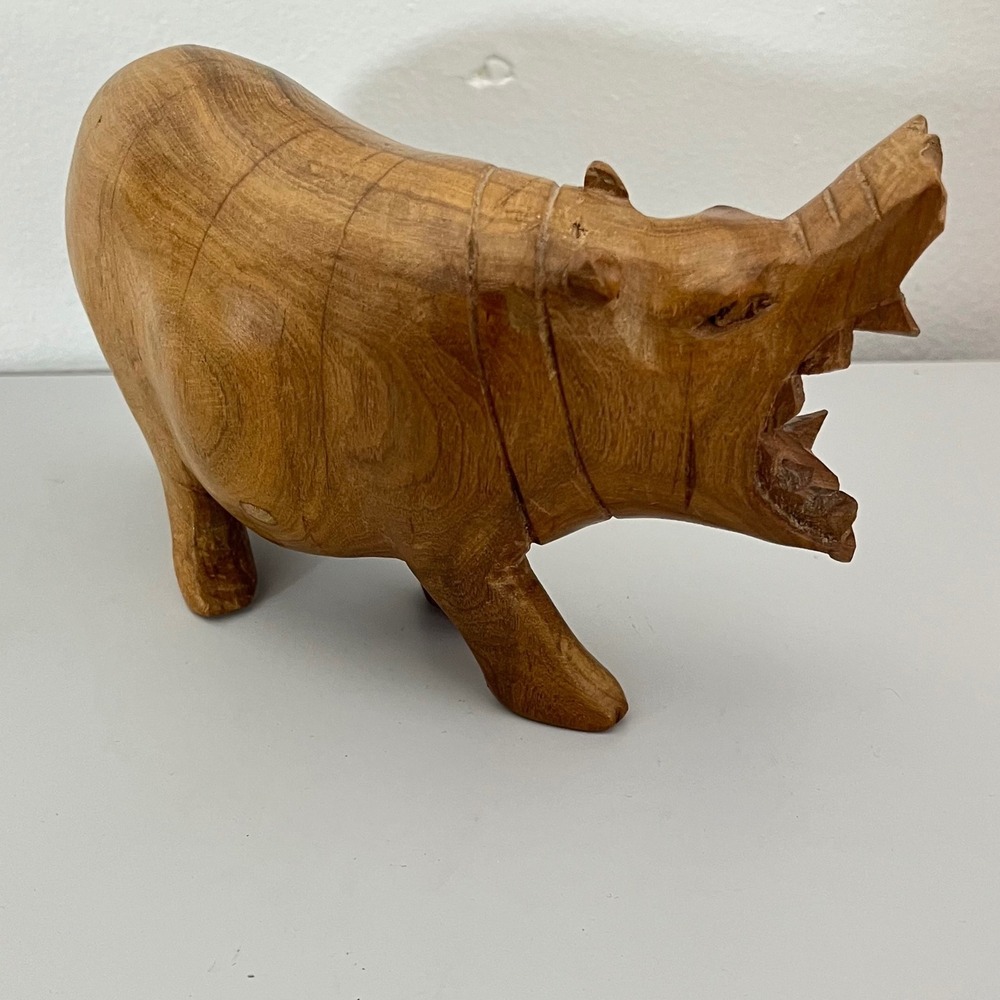 Vintage African  Hand Carved‎ Wood Hippopotamus Open Mouth Hungry Hippo - Picture 2 of 6